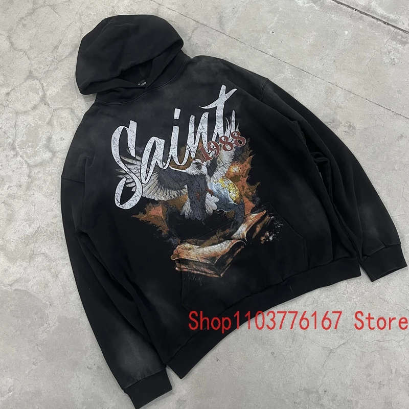 Washed Black Saint Hoodie Europe American High Street Letter Logo Eagle Print Pullover Fall Winter New SAINT Hoody Sweatshirts
Washed Black Saint Hoodie Europe American High Street Letter Logo Eagle Print Pullover Fall Winter New SAINT Hoody Sweatshirts