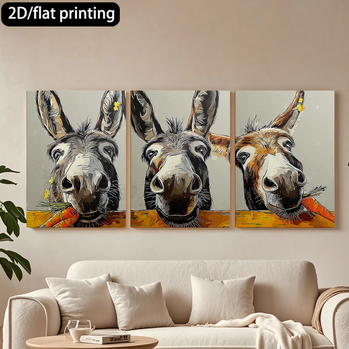 2D flat printing 3pc wooden frame canvas decorative painting Three donkeys munching carrots.Corridor bedroom decoration
2D flat printing 3pc wooden frame canvas decorative painting Three donkeys munching carrots.Corridor bedroom decoration