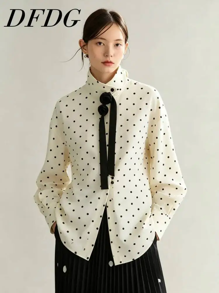 DFDG Women 2026 Spring Summer Polka Dot Stand Collar Shirt Long Sleeve Button Down Blouse Rose Ribbon Tie Elegant Casual Tops
DFDG Women 2026 Spring Summer Polka Dot Stand Collar Shirt Long Sleeve Button Down Blouse Rose Ribbon Tie Elegant Casual Tops