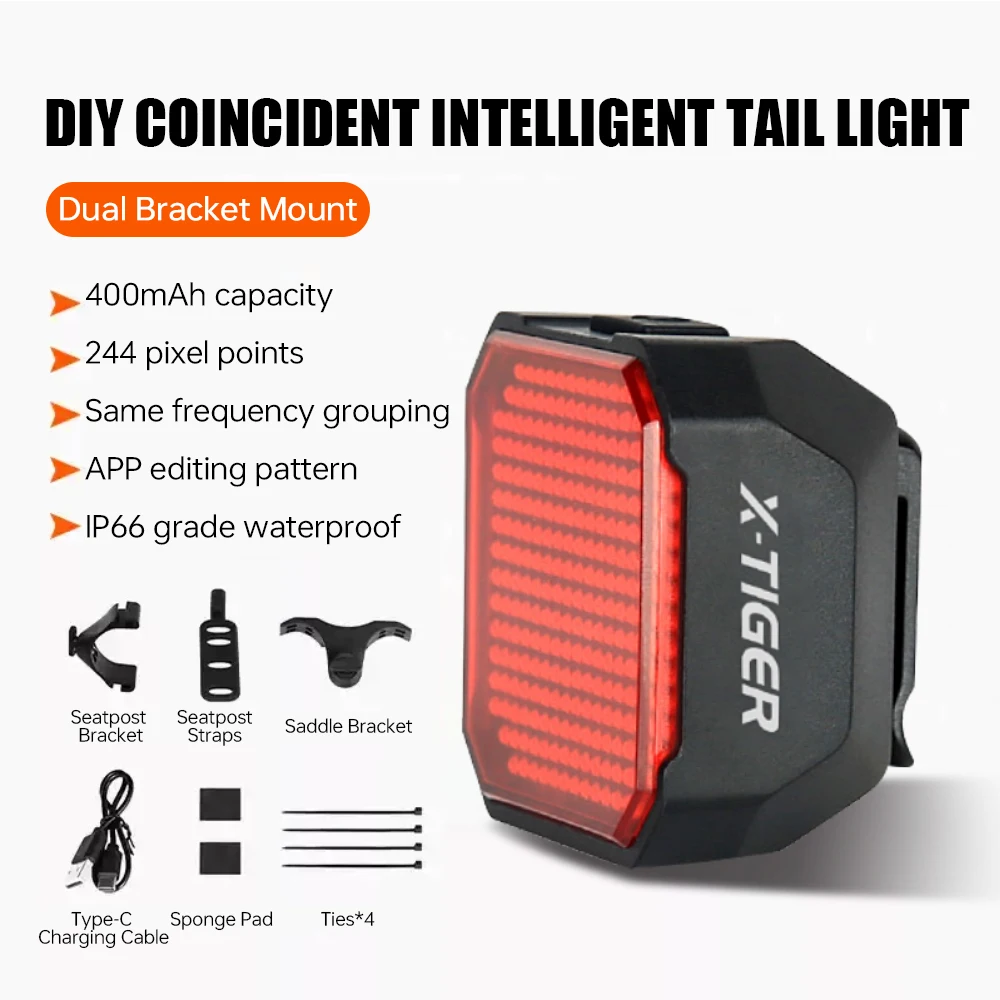X-TIGER Smart DIY Задний фонарь с выражением IP66 Водонепроницаемый задний фонарь для горного велосипеда Умный датчик тормоза Приложение Режим узора Велосипедный задний фонарь
X-TIGER Smart DIY Задний фонарь с выражением IP66 Водонепроницаемый задний фонарь для горного велосипеда Умный датчик тормоза Приложение Режим узора Велосипедный задний фонарь