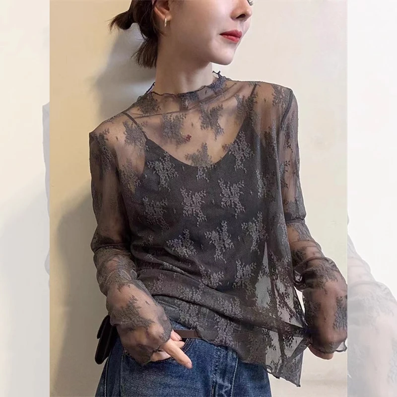 French Style Lace Long Sleeve T-Shirt Women's Printed Design Thin Half High Collar Top Breathable Summer Floral Shirt
French Style Lace Long Sleeve T-Shirt Women's Printed Design Thin Half High Collar Top Breathable Summer Floral Shirt