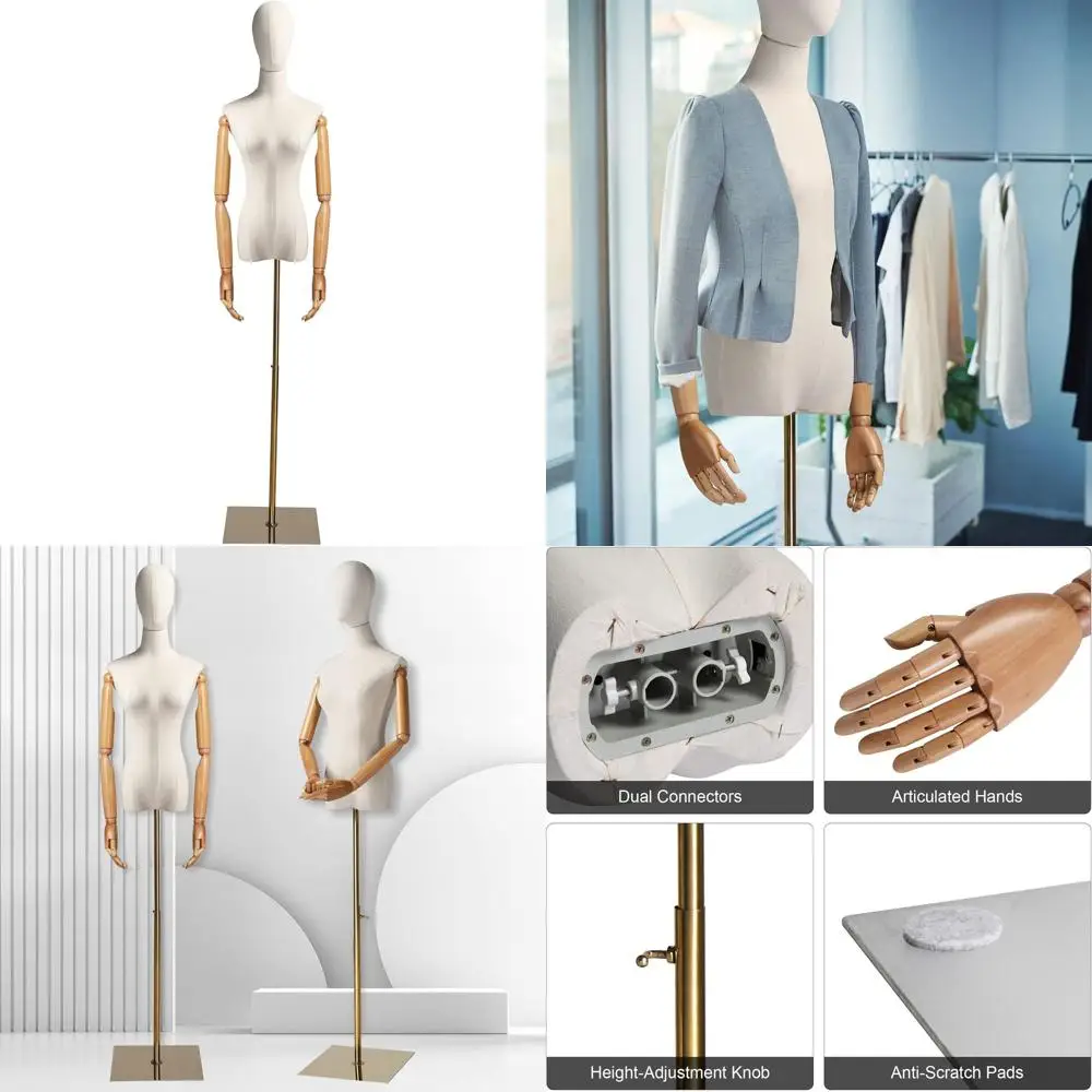 Adjustable Height Female Mannequin with Posable Wooden Arms and Metal Base for Clothing Display
Adjustable Height Female Mannequin with Posable Wooden Arms and Metal Base for Clothing Display