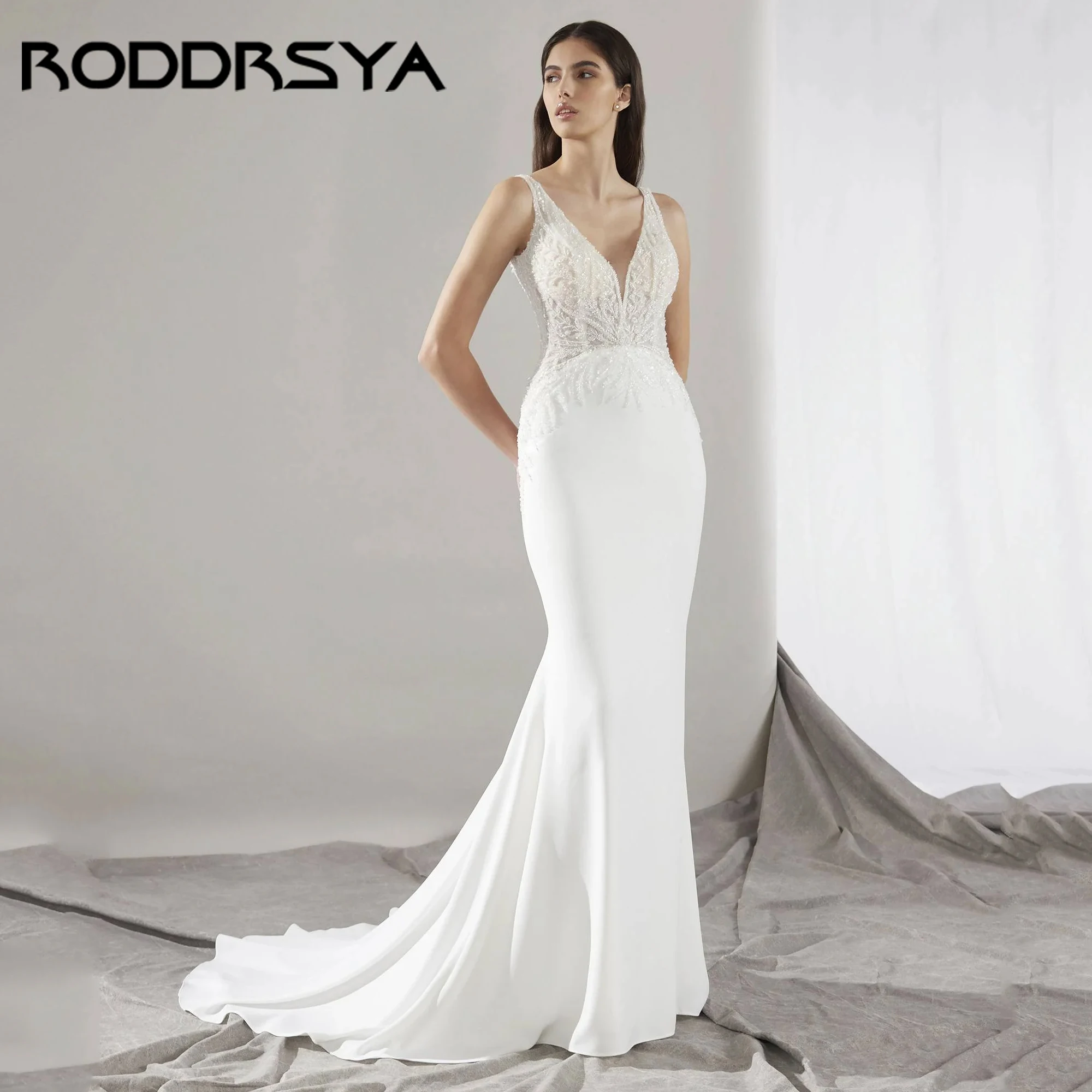 Boho Mermaid Spaghetti Straps Wedding Dress Crepe V-Neck Backless Appliques Bride Gowns Bridal Dress Vestido De Novia Customized 
Boho Mermaid Spaghetti Straps Wedding Dress Crepe V-Neck Backless Appliques Bride Gowns Bridal Dress Vestido De Novia Customized