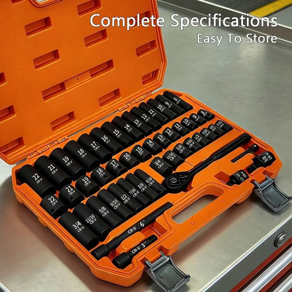 50Pcs/Box Heavy Duty 3/8 Inch Drive Socket Set Impact Resistant Extended Size Impact Socket High Strength Thickened