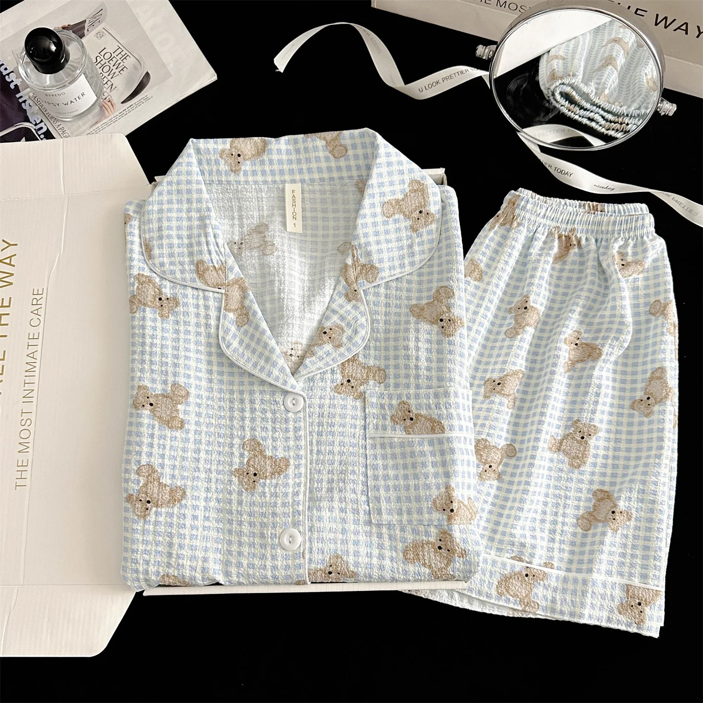 Summer Short Sleeve Sleepwear Women's Bubble Gauze Pleated Cardigan Sweet Little Cherry Thin Home Clothes Set Casual Style 3 S81f3164d2c0b4230993beaf73f4ef3e78
