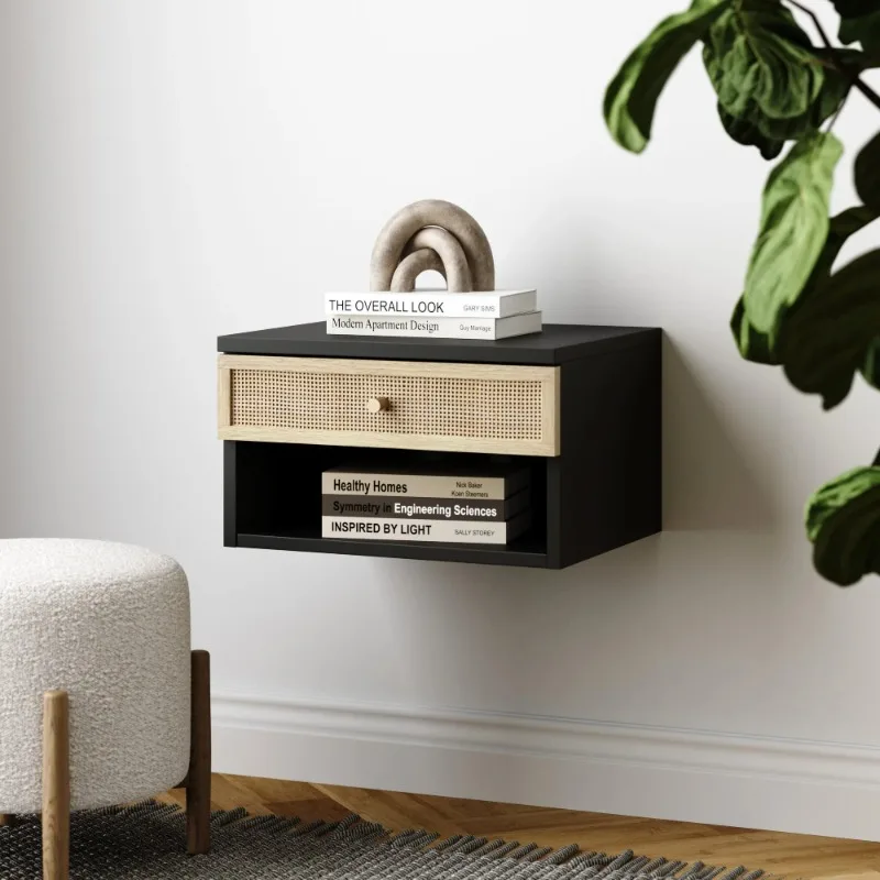 Jackson Wall Mounted Rattan Floating Bedroom Nightstand with Storage Drawer and Modern Open Shelf Cubby, Black/Ratt
Jackson Wall Mounted Rattan Floating Bedroom Nightstand with Storage Drawer and Modern Open Shelf Cubby, Black/Ratt