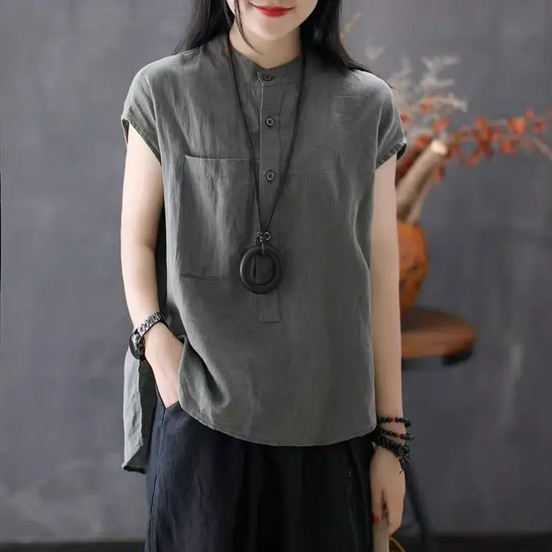 Artistic Style Cotton Linen Short Sleeves Shirt for Women Summer Solid Loose Stand Collar Temperament Top Fashion Women Clothing
Artistic Style Cotton Linen Short Sleeves Shirt for Women Summer Solid Loose Stand Collar Temperament Top Fashion Women Clothing