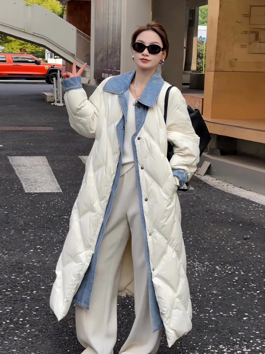 Long Denim Patchwork Collar Women's down Jacket Trendy White Duck Feather Outerwear Commute Style Regular Sleeve Winter New
Long Denim Patchwork Collar Women's down Jacket Trendy White Duck Feather Outerwear Commute Style Regular Sleeve Winter New