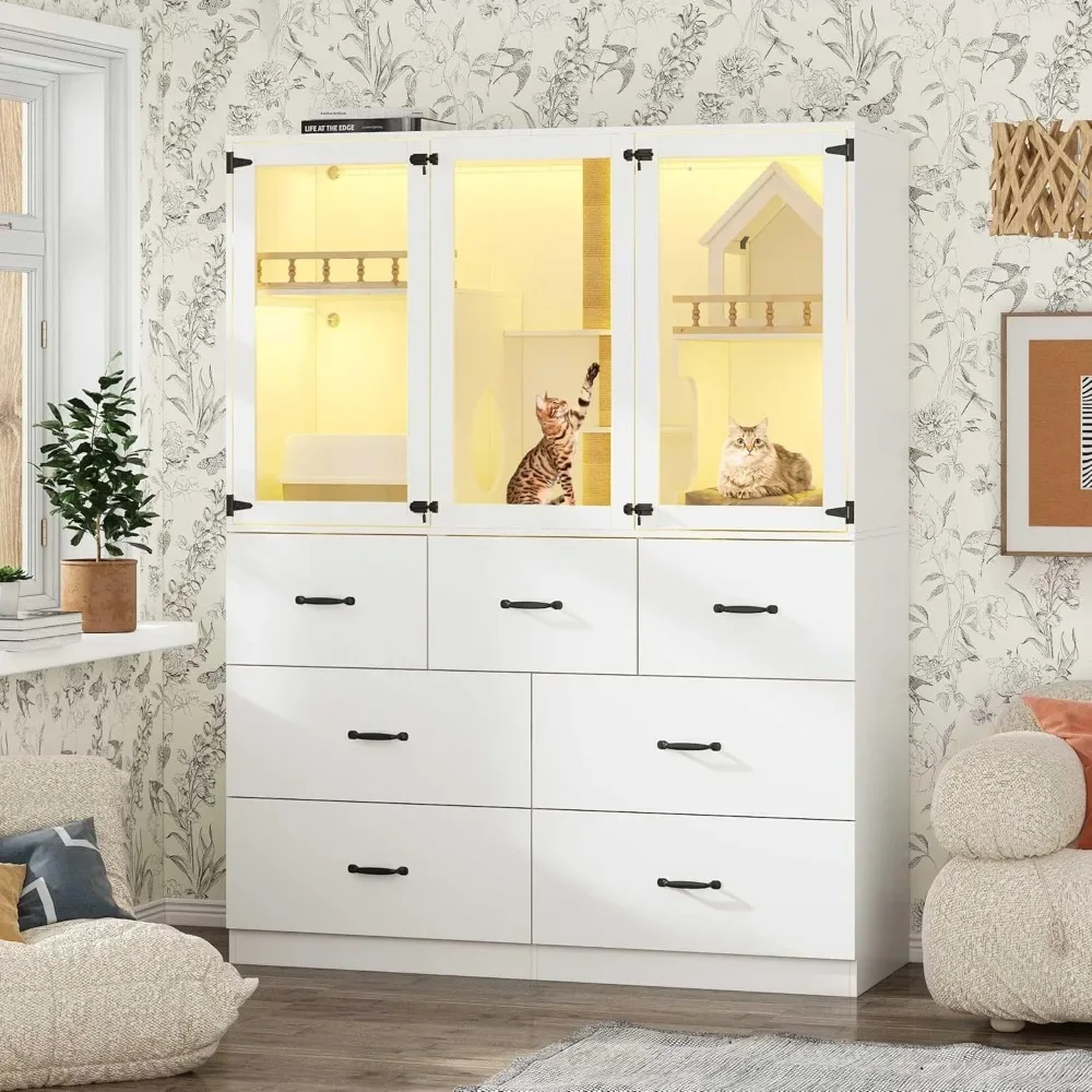 Enclosed Cat Litter Box Enclosure, Hidden Kitty Litter Furniture with 7 Drawers, Glass Doors, LED Lights and Scratching Posts
Enclosed Cat Litter Box Enclosure, Hidden Kitty Litter Furniture with 7 Drawers, Glass Doors, LED Lights and Scratching Posts