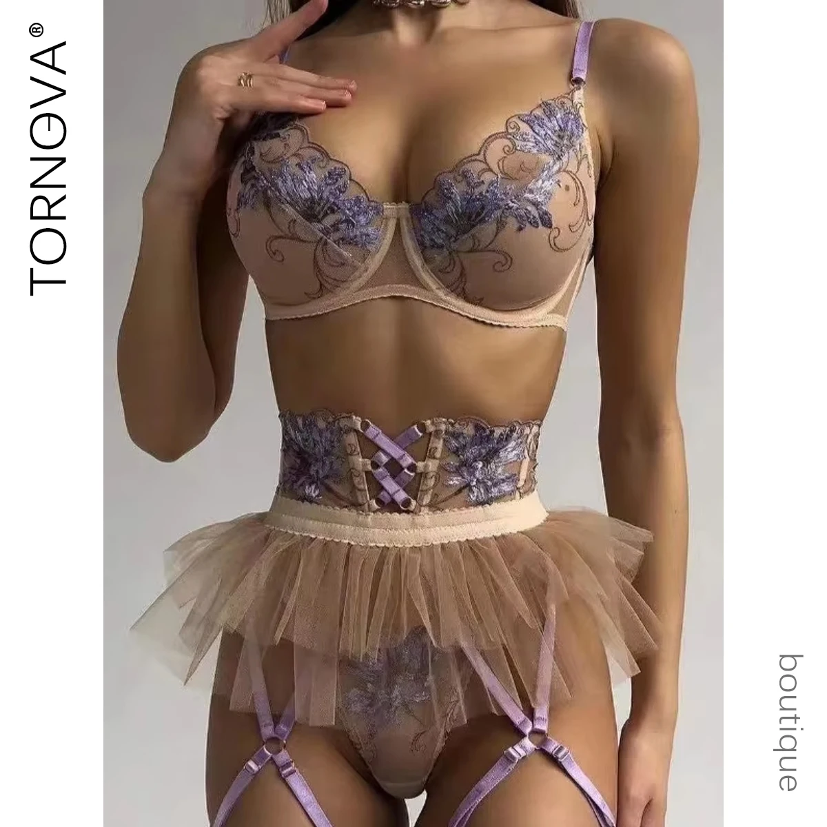 Tornova Sexy Embroidery Printing Underwear Girdle Garters Suit for Women Mesh Patchwork See-Through Exotic Sexy Lingerie Set New
Tornova Sexy Embroidery Printing Underwear Girdle Garters Suit for Women Mesh Patchwork See-Through Exotic Sexy Lingerie Set New
