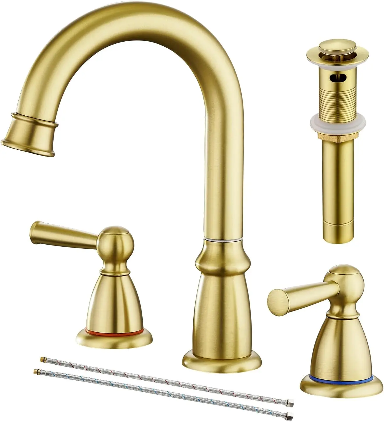 Brushed Gold Bathroom Faucet with Pop-Up Drain, 8-Inch Widespread, 2-Handle Design for Vanity Sink
Brushed Gold Bathroom Faucet with Pop-Up Drain, 8-Inch Widespread, 2-Handle Design for Vanity Sink