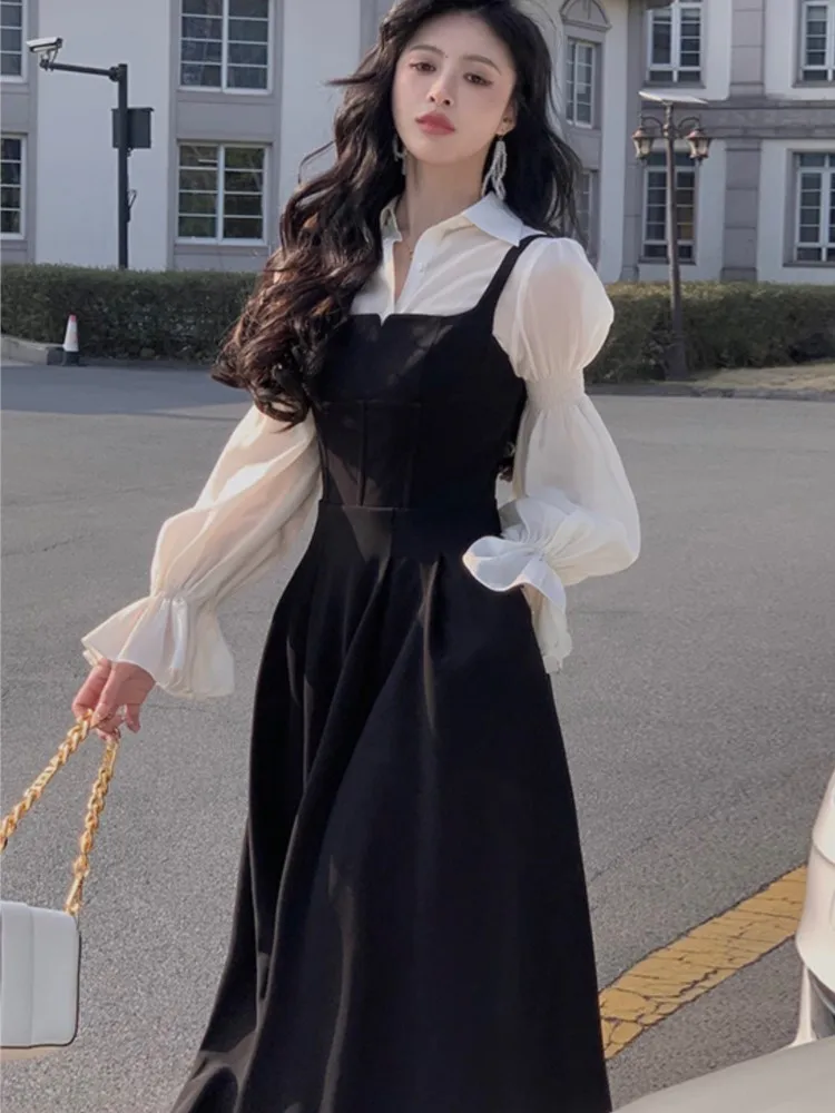 French Vintage Two-piece Dress Set Women Puff Sleeve Shirt Black Spaghetti Strap A-line Dress Korean Fashion Autumn Outfits New
French Vintage Two-piece Dress Set Women Puff Sleeve Shirt Black Spaghetti Strap A-line Dress Korean Fashion Autumn Outfits New