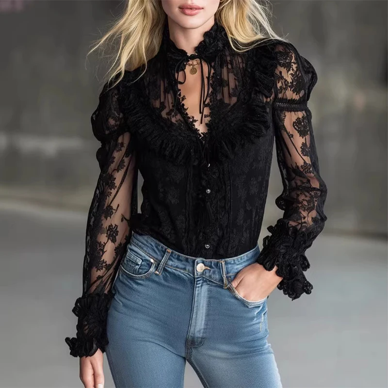 Black Stand Up Collar Blouse for Women Fashion Puff Sleeve Long Sleeve Ruffled Vintage See Through Lace Blouses Camisas De Mujer
Black Stand Up Collar Blouse for Women Fashion Puff Sleeve Long Sleeve Ruffled Vintage See Through Lace Blouses Camisas De Mujer