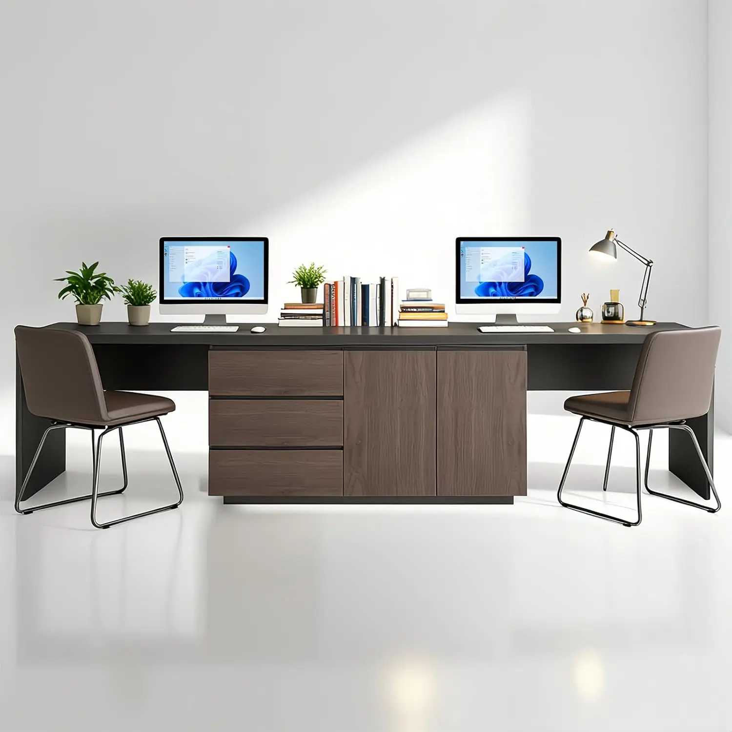 135-Inch Extra Long 2-Person Desk with 3 Drawers and 2 Cabinet Doors, Black and Dark Walnut Texture, Double, Customized
135-Inch Extra Long 2-Person Desk with 3 Drawers and 2 Cabinet Doors, Black and Dark Walnut Texture, Double, Customized