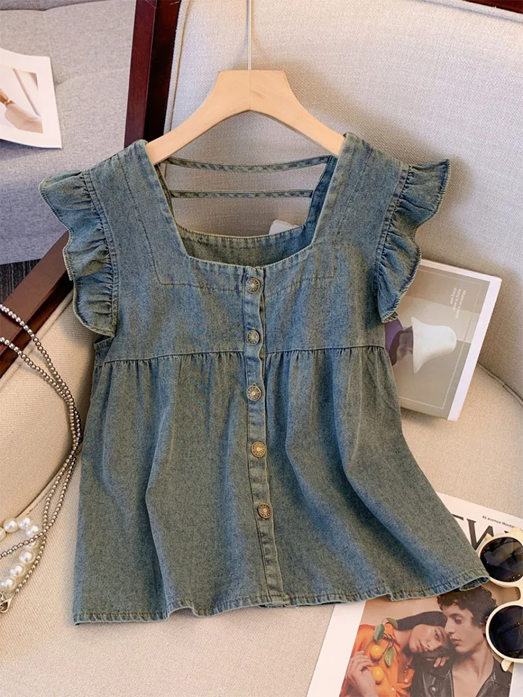 Vintage Denim Design Button Shirts Autumn Women New Butterfly Sleeve Straight Top American Style Square Collar Chiffon Blouses
Vintage Denim Design Button Shirts Autumn Women New Butterfly Sleeve Straight Top American Style Square Collar Chiffon Blouses