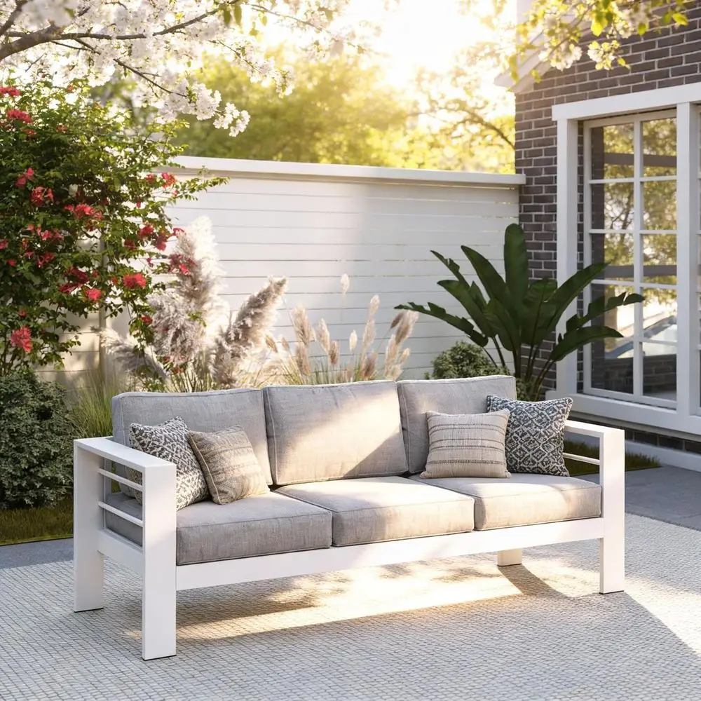 Трехместный уличный диван из металла с утолщенными подушками, устойчивый к атмосферным воздействиям
Трехместный уличный диван из металла с утолщенными подушками, устойчивый к атмосферным воздействиям