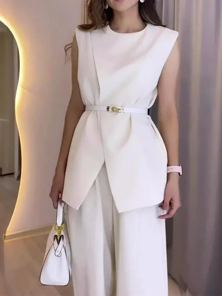 Round Neck Belt Sleeveless White High Waist Tops Solid Color Wide Leg Long Pants Slim Fit Elegant Two Piece Sets Women Pants Set
Round Neck Belt Sleeveless White High Waist Tops Solid Color Wide Leg Long Pants Slim Fit Elegant Two Piece Sets Women Pants Set