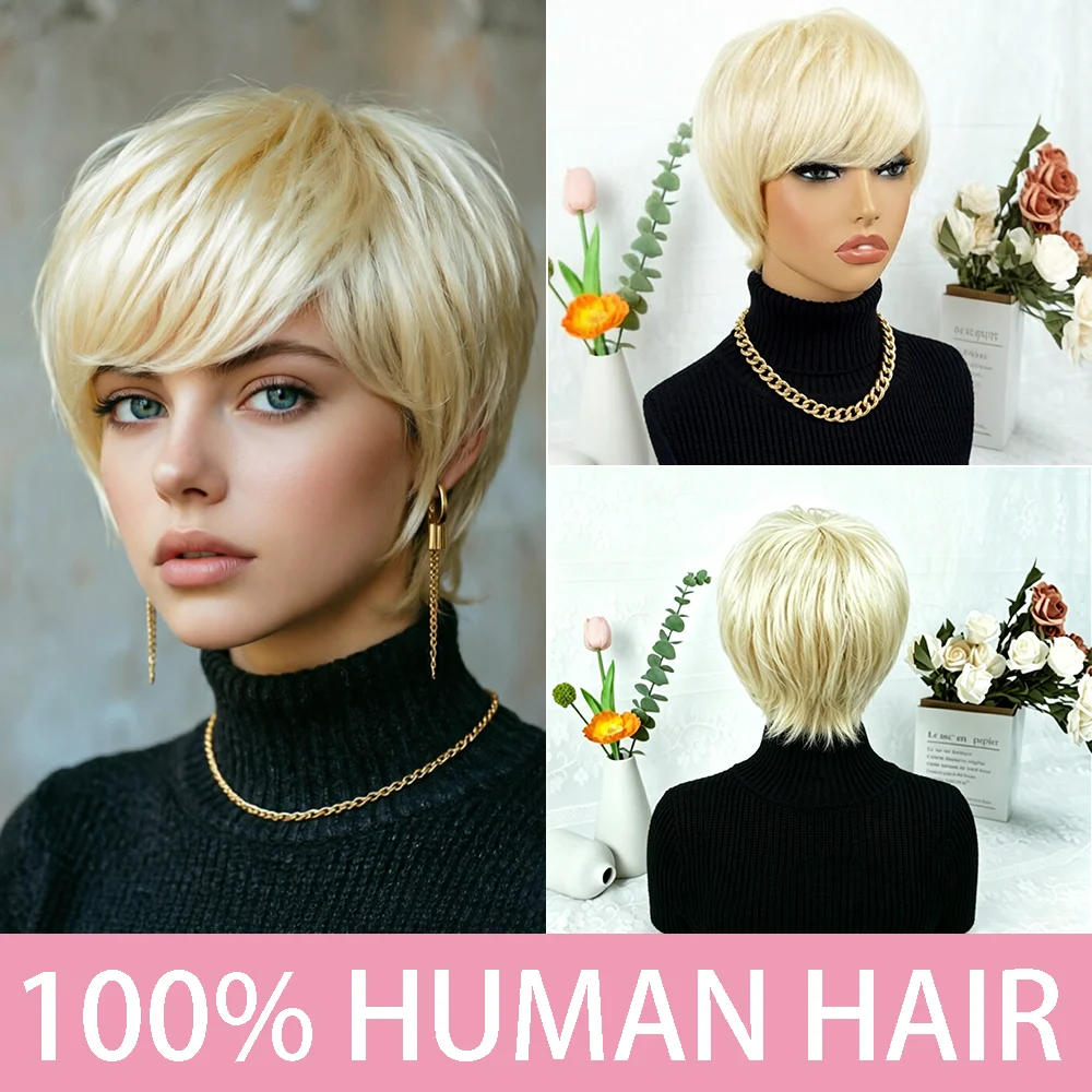 Short Blonde Pixie Wig 180% density Human Hair with Bangs Glueless Machine, Made Breathable Cap for Women Daily Use And Party
Short Blonde Pixie Wig 180% density Human Hair with Bangs Glueless Machine, Made Breathable Cap for Women Daily Use And Party