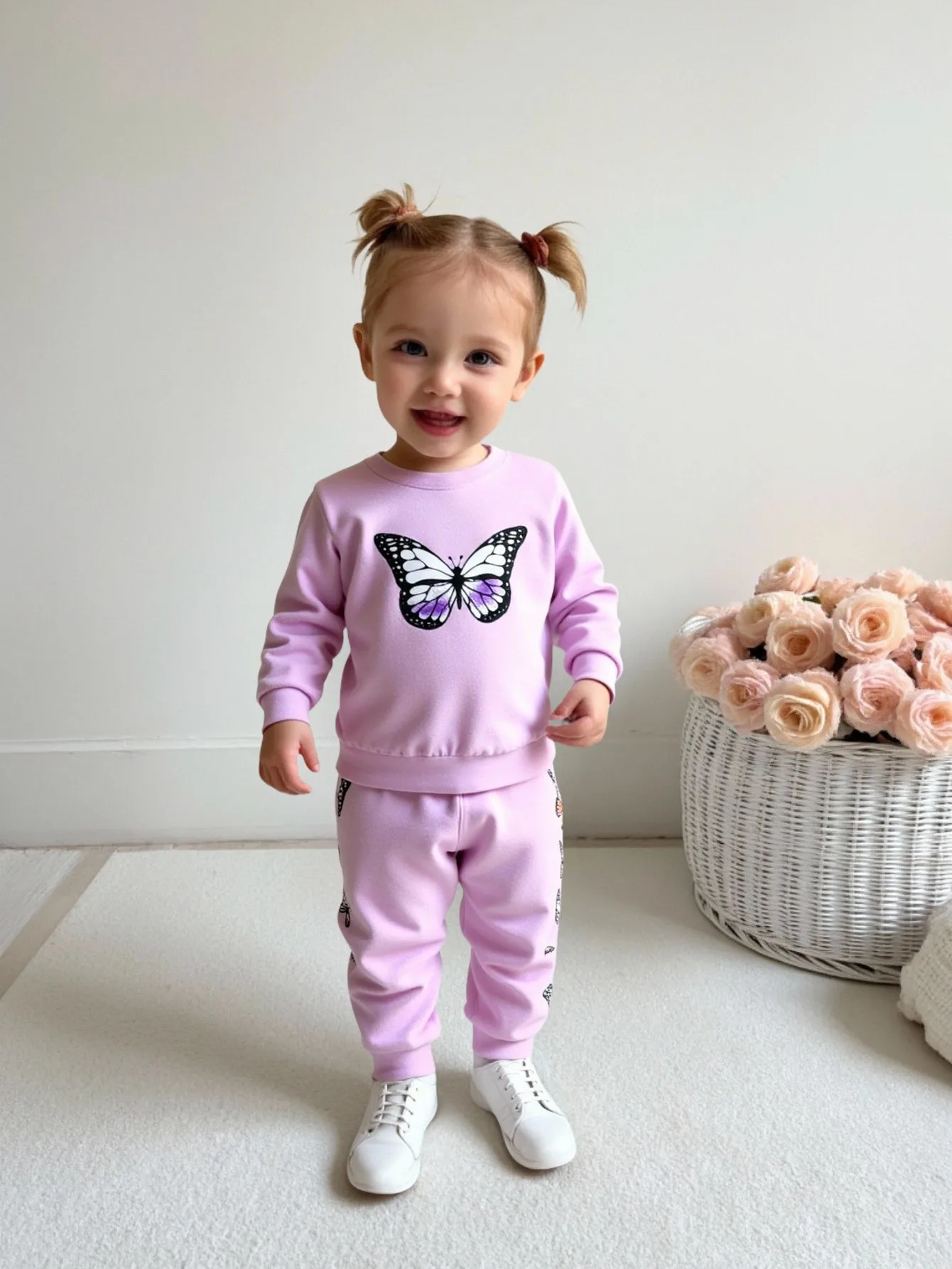 2 pieces set for baby girl, casual butterfly printed round neck long sleeve t-shirt and elastic ankle pants for autumn
2 pieces set for baby girl, casual butterfly printed round neck long sleeve t-shirt and elastic ankle pants for autumn