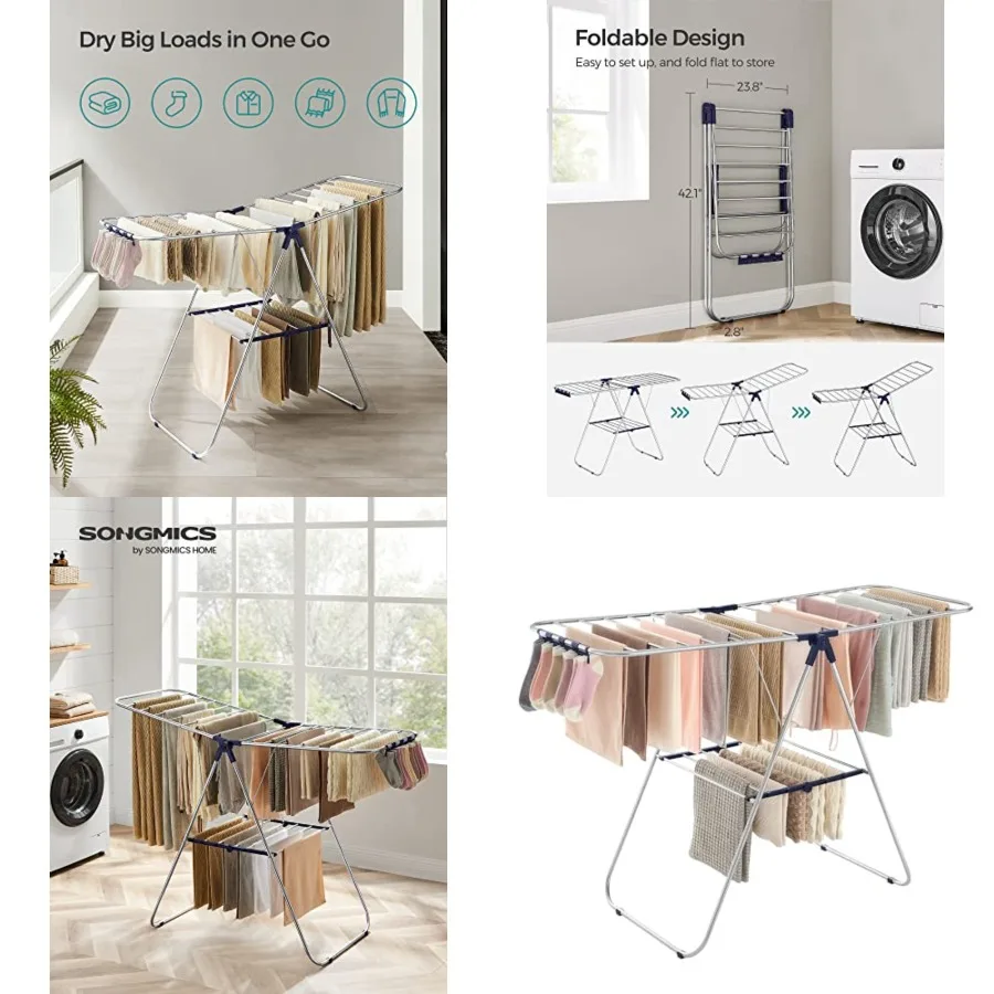 Clothes Drying Rack, with Sock Clips, Metal Laundry Rack, Foldable, Space-Saving, Free-Standing Airer, with 2 Height-Adjustable
Clothes Drying Rack, with Sock Clips, Metal Laundry Rack, Foldable, Space-Saving, Free-Standing Airer, with 2 Height-Adjustable