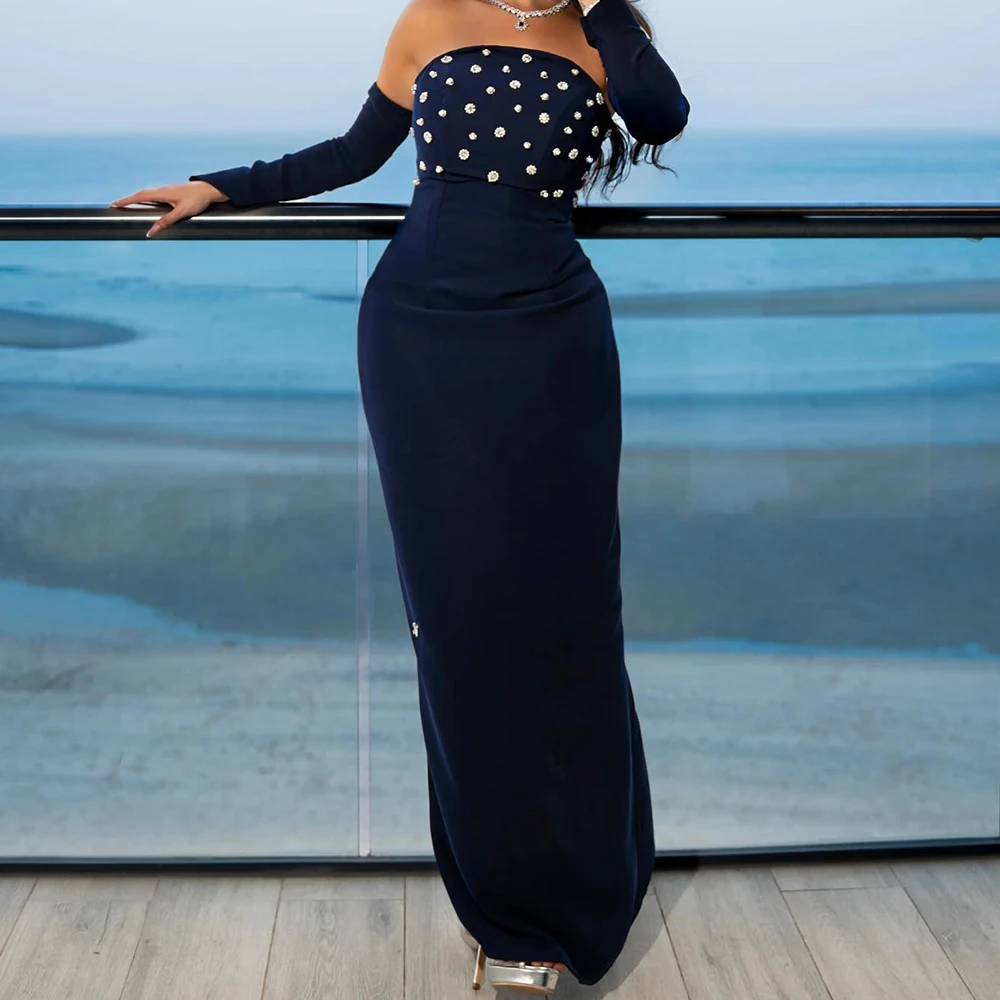 luxury Crystal Strapless Detachable Sleeve Dark Blue Jersey Evening Dress Sheath Floor Length Pleats Bespoke Occasion Gowns 2024
luxury Crystal Strapless Detachable Sleeve Dark Blue Jersey Evening Dress Sheath Floor Length Pleats Bespoke Occasion Gowns 2024