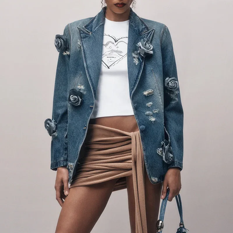 3D Flowers Decoration Holes Blue Denim Suits Coat Floral Jeans Blazers Coat OL Turn Down Collar Cowboy Cardigan Streetwear Tops
3D Flowers Decoration Holes Blue Denim Suits Coat Floral Jeans Blazers Coat OL Turn Down Collar Cowboy Cardigan Streetwear Tops