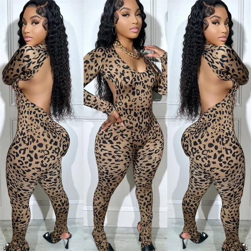 Sexy Open Back Leopard Jumpsuits Women Long Sleeve V-neck Skinny Split Flare Pants Rompers Clubwear Party One Piece Jumpsuit
Sexy Open Back Leopard Jumpsuits Women Long Sleeve V-neck Skinny Split Flare Pants Rompers Clubwear Party One Piece Jumpsuit