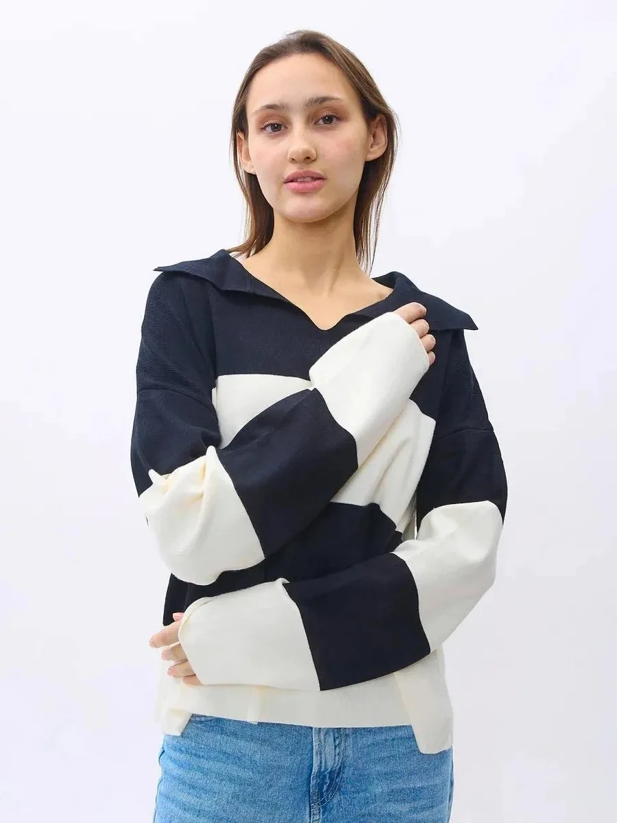 Women's Casual Knit Striped Polo Shirt Women's Polo Shirt Stripe Streetwear Knitted Loose Pullover Sweater Shirt
Women's Casual Knit Striped Polo Shirt Women's Polo Shirt Stripe Streetwear Knitted Loose Pullover Sweater Shirt