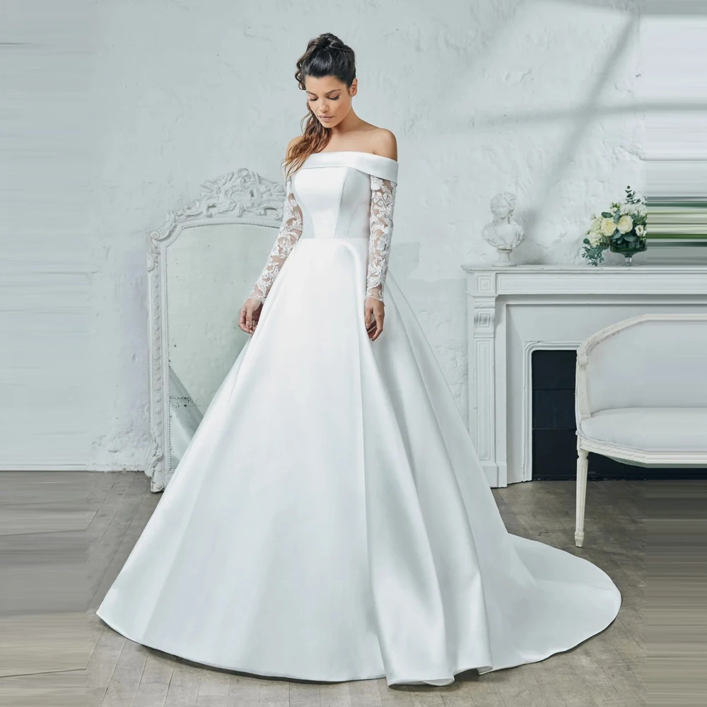 Plus size satin Wedding Dresses off the shoulder Vestido De Noiva Elegant lace appliqued ball gown court train long-sleeve
Plus size satin Wedding Dresses off the shoulder Vestido De Noiva Elegant lace appliqued ball gown court train long-sleeve