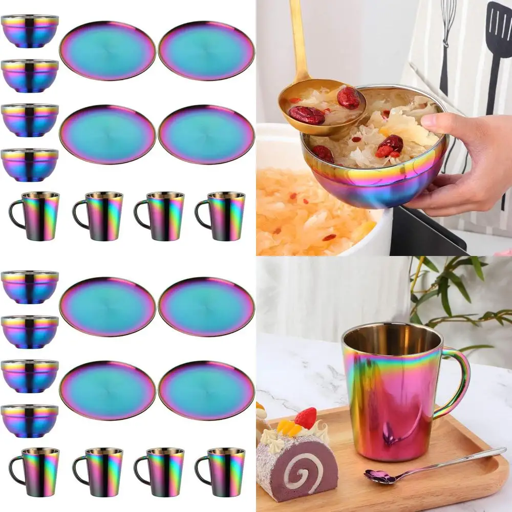 Stainless Steel Dinnerware Set for 4, 11.8 Plates, 5.1 Bowls, and Cups, Rainbow Design
Stainless Steel Dinnerware Set for 4, 11.8 Plates, 5.1 Bowls, and Cups, Rainbow Design
