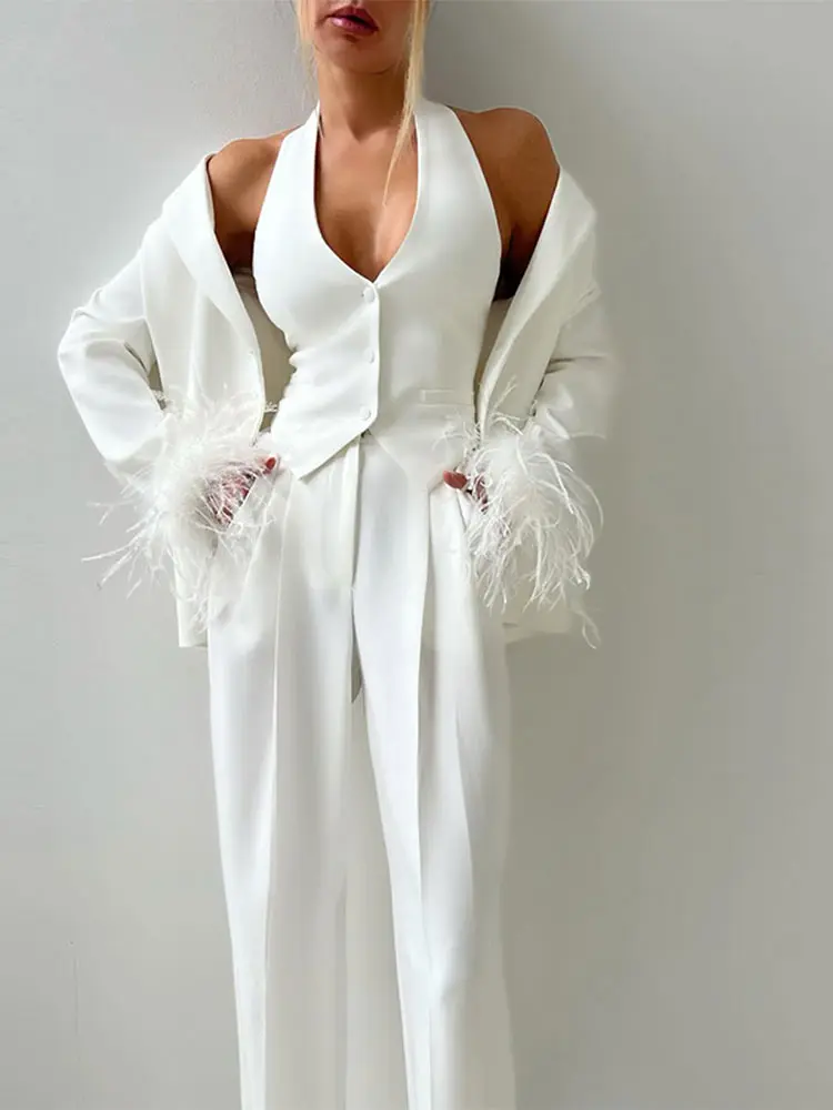 Feathers Vest Suits Blazer Pants 3PCS Sets Women Elegant Slim Jackets V-neck Vest Suit With High Waist Pant Lady Office Outfits
Feathers Vest Suits Blazer Pants 3PCS Sets Women Elegant Slim Jackets V-neck Vest Suit With High Waist Pant Lady Office Outfits