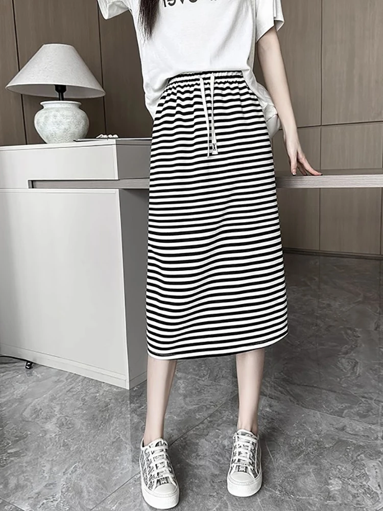Bla White Striped High Waist Casual Split Midi A-Line Skirt Women's Summer Faion New Elastic Dstring f-length Skirt
Bla White Striped High Waist Casual Split Midi A-Line Skirt Women's Summer Faion New Elastic Dstring f-length Skirt