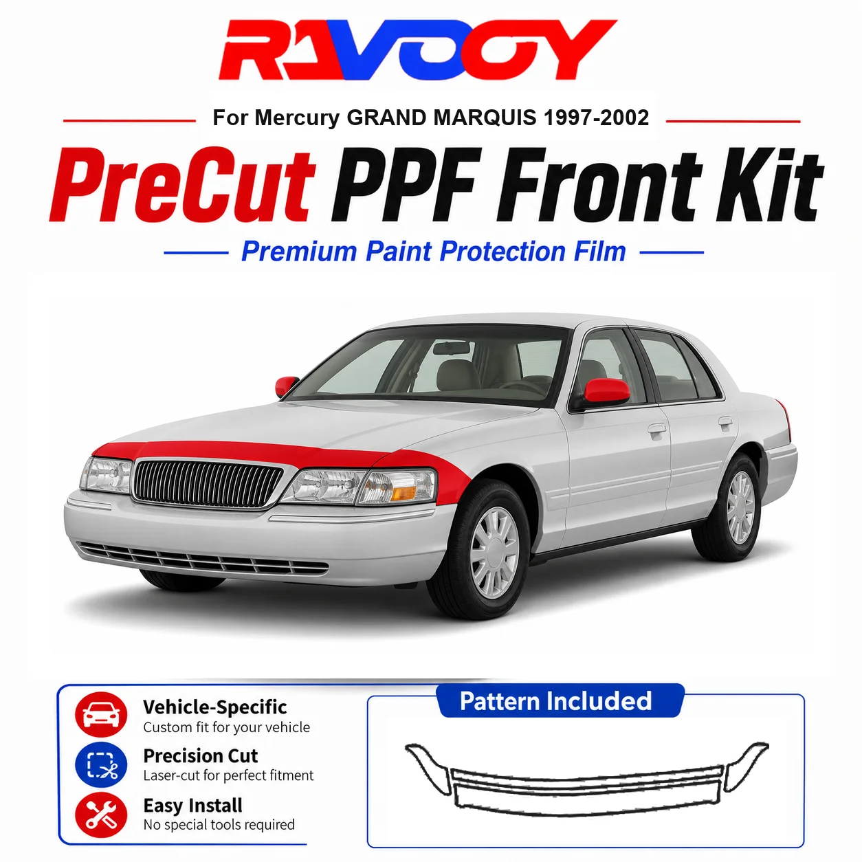8.5mil TPU Precut PPF Kit For Mercury GRAND MARQUIS 1997-2002 - Hood, Fenders & Mirror Set - Self-Healing Clear Bra Film
8.5mil TPU Precut PPF Kit For Mercury GRAND MARQUIS 1997-2002 - Hood, Fenders & Mirror Set - Self-Healing Clear Bra Film