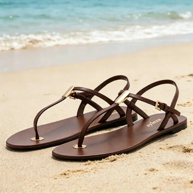 Luxury Metal Decorate Flat Sandals Women Unique T-tied Design Gladiator Sandals Fashion Ankle Strap Buckle Clip Toe Flip-flops
Luxury Metal Decorate Flat Sandals Women Unique T-tied Design Gladiator Sandals Fashion Ankle Strap Buckle Clip Toe Flip-flops