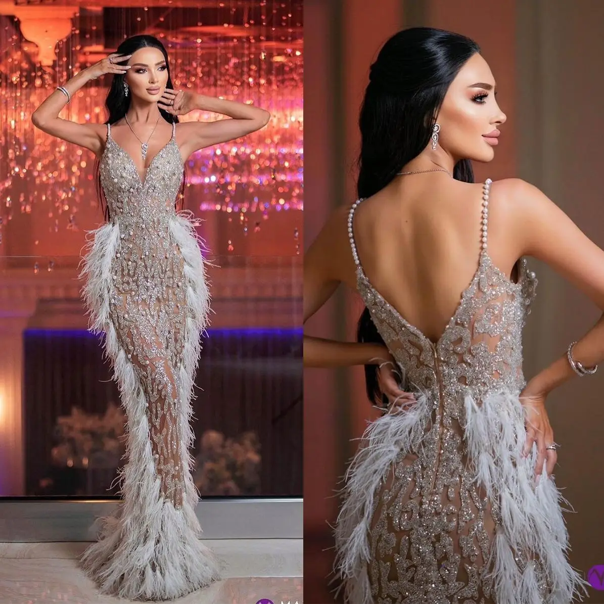 Luxury Feather Mermaid Wedding Dresses Elegant Sequined Lace Vestido De Noiva Custom Made V Neck Bridal Dress
Luxury Feather Mermaid Wedding Dresses Elegant Sequined Lace Vestido De Noiva Custom Made V Neck Bridal Dress