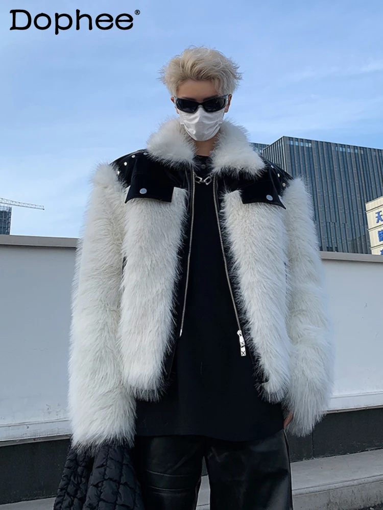 Men's 2024 Winter New Trendy Lapel Rivets Bright Leather Splicing Imitation White Fox Fur Tops Men's Locomotive Faux Fur Jackets
Men's 2024 Winter New Trendy Lapel Rivets Bright Leather Splicing Imitation White Fox Fur Tops Men's Locomotive Faux Fur Jackets