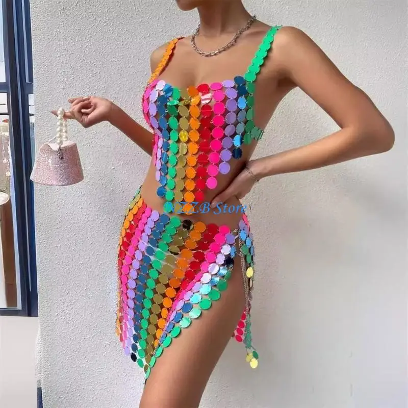 T21F Trendy Rainbow Sequins Backless Crop Top with Waist Chain Skirt Outfit for Women
T21F Trendy Rainbow Sequins Backless Crop Top with Waist Chain Skirt Outfit for Women