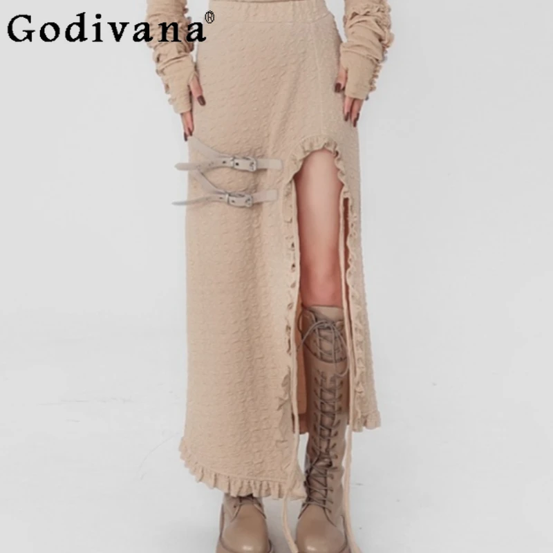 High Waist Belt Buckle Autumn Winter Lace-up Long Split Skirt Personality Girls Versatile Ruffles Elegant Solid Color Skirts
High Waist Belt Buckle Autumn Winter Lace-up Long Split Skirt Personality Girls Versatile Ruffles Elegant Solid Color Skirts