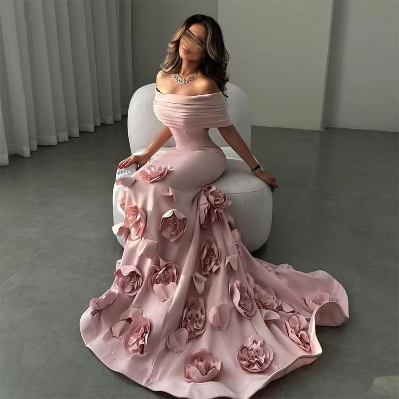 Customized Pink Elegant Off the shoulder Formal Evening Dresses 3D Appliques Handmade Flower Mermaid Prom Party Dresses 2025 
Customized Pink Elegant Off the shoulder Formal Evening Dresses 3D Appliques Handmade Flower Mermaid Prom Party Dresses 2025