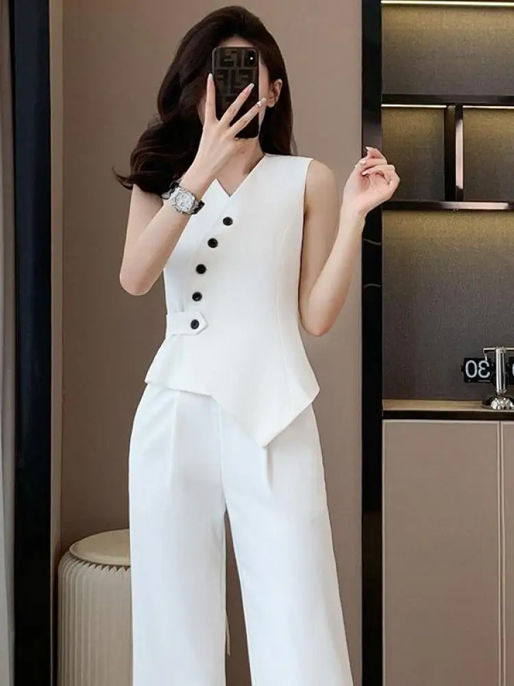 Women Fashion Suit Black White Gray V-neck Single Breasted Irregular Vest Tops And High Waist Wide Leg Pant Casual Two Piece Set
Women Fashion Suit Black White Gray V-neck Single Breasted Irregular Vest Tops And High Waist Wide Leg Pant Casual Two Piece Set