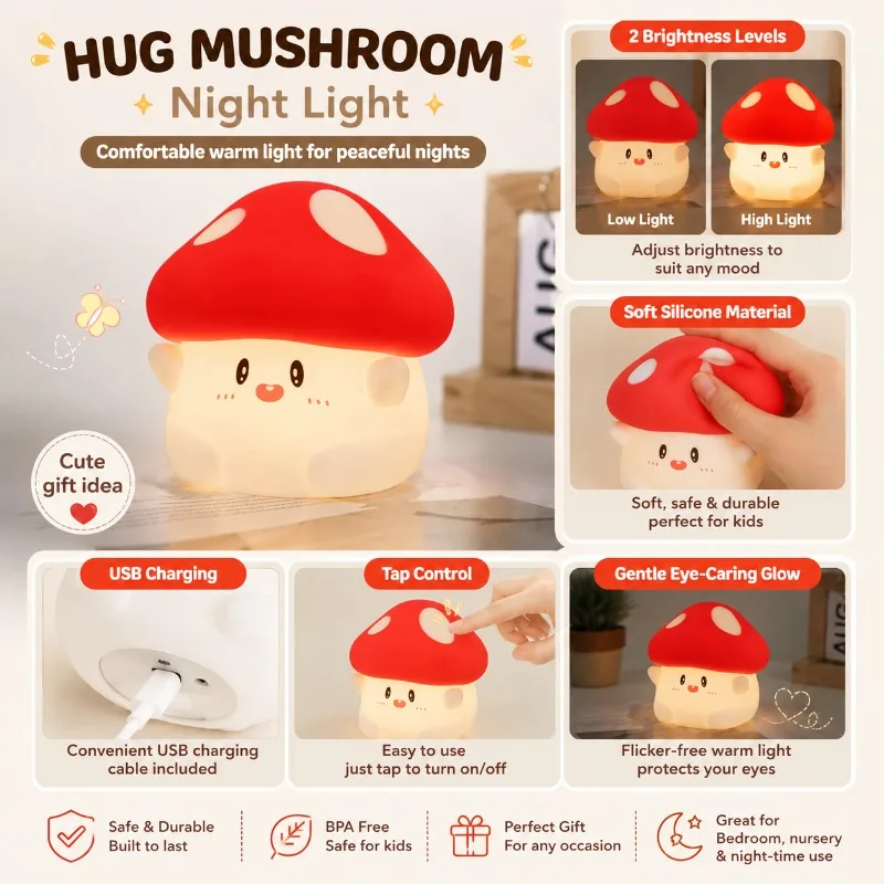 Silicone Mushroom Night Light with USB Charging Two Brightness Levels for Shooting Cute Bedside Timer LED Ambient Light
Silicone Mushroom Night Light with USB Charging Two Brightness Levels for Shooting Cute Bedside Timer LED Ambient Light