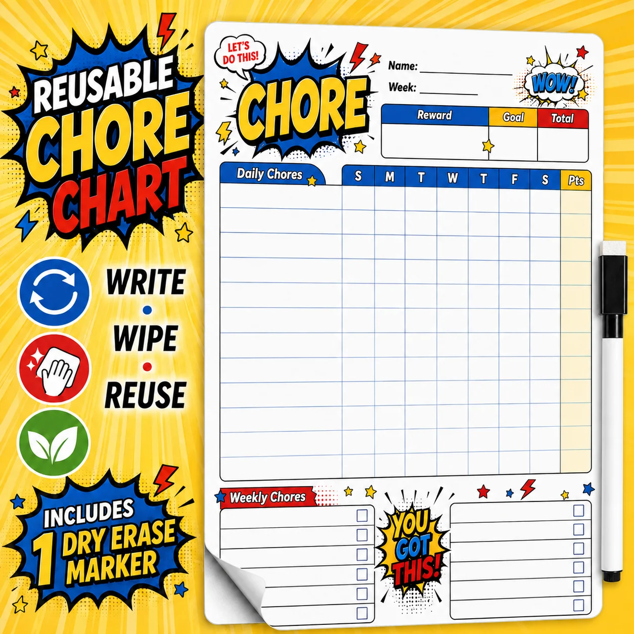 Reusable Dry Erase Chore Chart With Marker, Peel & Stick Weekly Task Planner For Daily Chores, Goals, Rewards & Family Reminders
Reusable Dry Erase Chore Chart With Marker, Peel & Stick Weekly Task Planner For Daily Chores, Goals, Rewards & Family Reminders