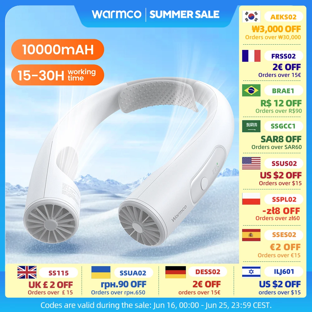 Warmco 10000mAh Portable Neck Fan - 4-Speed Rechargeable Personal Fan with 360° Cooling, 24H Runtime Wearable Fan for Office/Gym
Warmco 10000mAh Portable Neck Fan - 4-Speed Rechargeable Personal Fan with 360° Cooling, 24H Runtime Wearable Fan for Office/Gym