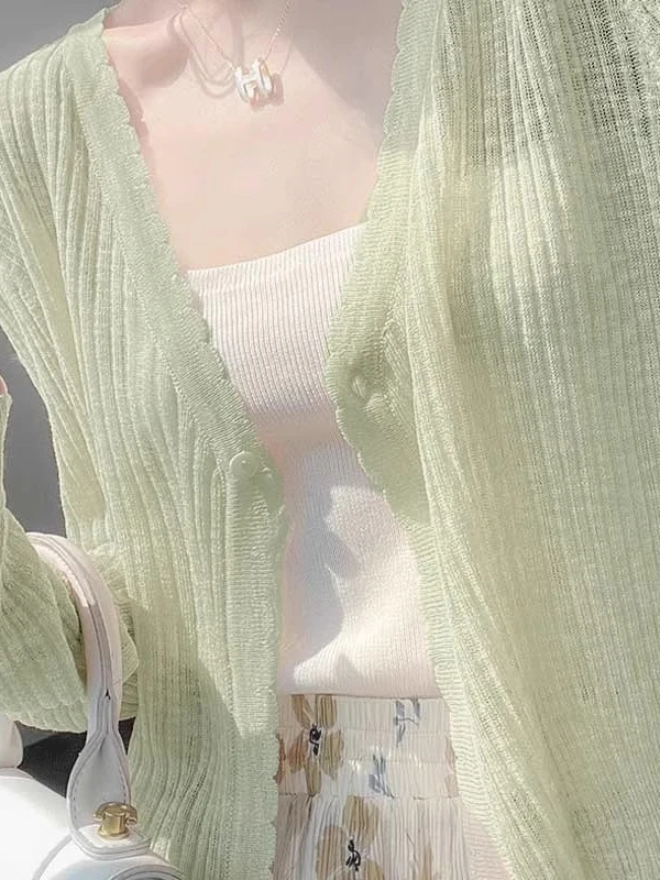 Mint Green Lightweight Knitted Ice Silk Air Conditioning Cardigan Women's Summer Outerwear V-Neck Long Sleeve UV Protection
Mint Green Lightweight Knitted Ice Silk Air Conditioning Cardigan Women's Summer Outerwear V-Neck Long Sleeve UV Protection