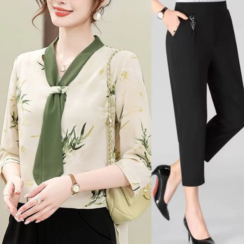 Summer New Women's Pullovers Scarf Collar Button Tie Up with Printed Loose Half Sleeve Fashion High Waist Pockets Casual Set
Summer New Women's Pullovers Scarf Collar Button Tie Up with Printed Loose Half Sleeve Fashion High Waist Pockets Casual Set