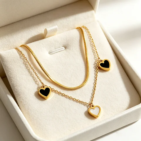 Double Layer Snake Chain Heart Pendant Necklace for Women, Stainless Steel Black White Enamel Heart Dangle Necklace, Waterproof Hypoallergenic Non Fade Fashion Daily Jewelry Gift