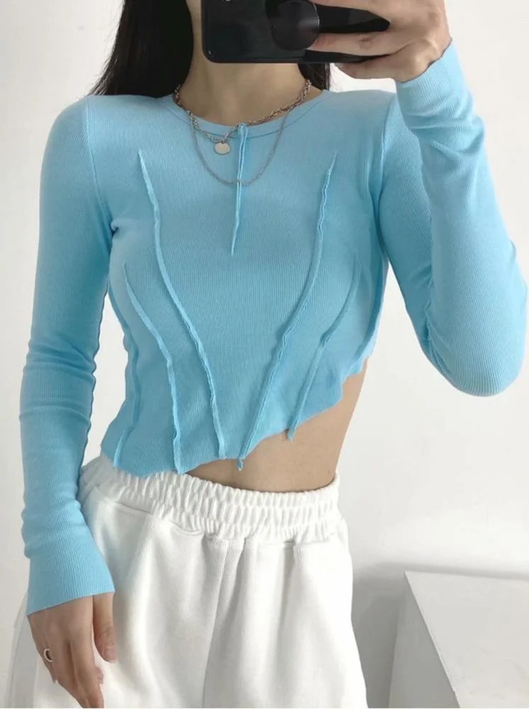 Сексуальная футболка нестандартной формы с открытым пупком для девочек, женские корейские топы с круглым вырезом и длинными рукавами, тонкие плиссированные топы с низом V651
Сексуальная футболка нестандартной формы с открытым пупком для девочек, женские корейские топы с круглым вырезом и длинными рукавами, тонкие плиссированные топы с низом V651