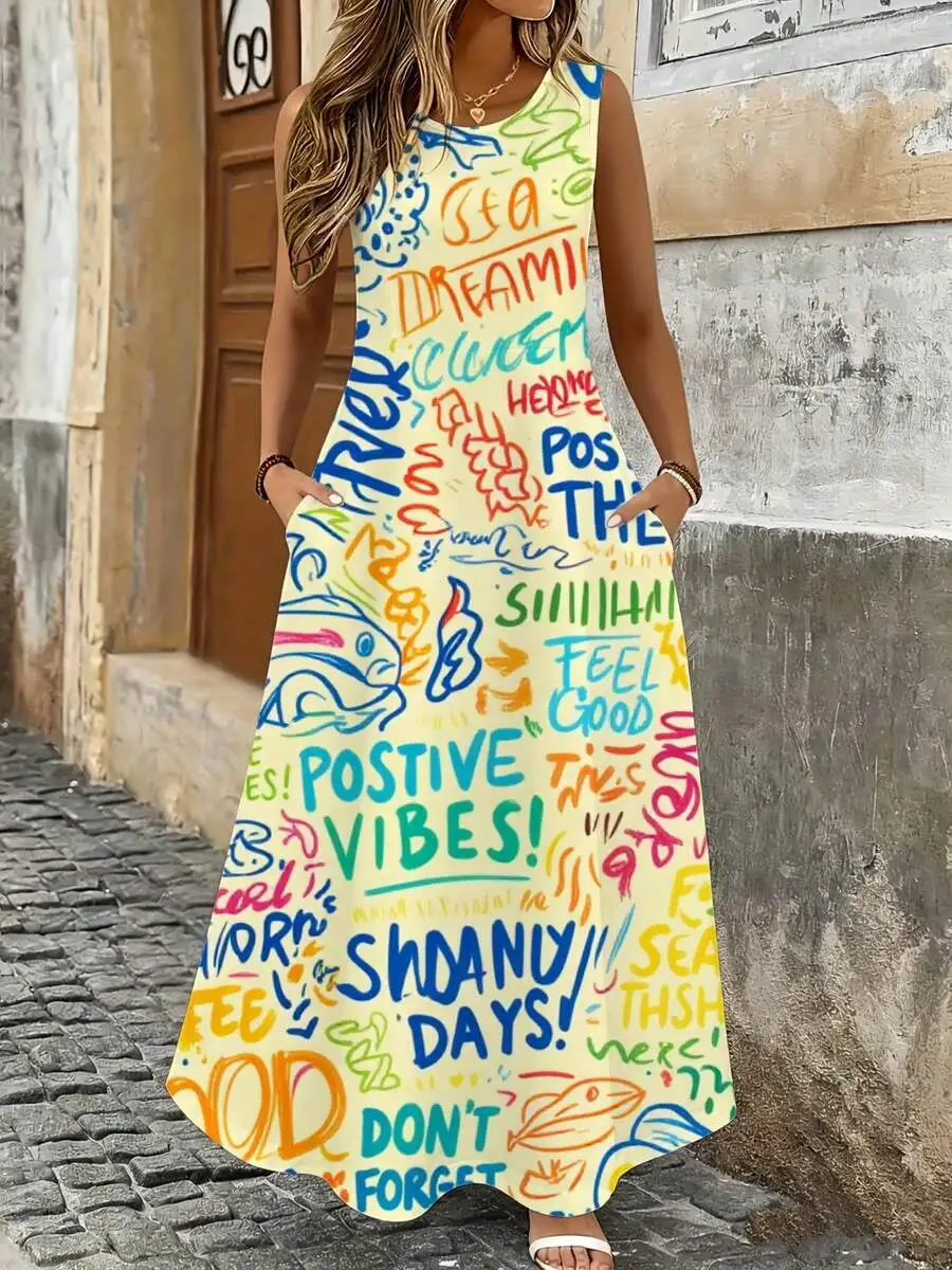 Sleeveless Maxi Dress Yellow Colorful Sea Print Positive Vibes Text Beach Vacation Summer Women Fashion
Sleeveless Maxi Dress Yellow Colorful Sea Print Positive Vibes Text Beach Vacation Summer Women Fashion