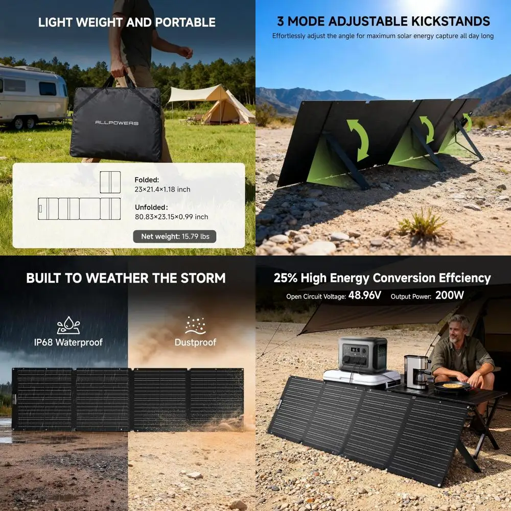 Портативная складная солнечная панель 200 Вт, монокристаллическая, КПД 23-25%, для кемпинга и автодомов, 41.6В, водонепроницаемость IP68
Портативная складная солнечная панель 200 Вт, монокристаллическая, КПД 23-25%, для кемпинга и автодомов, 41.6В, водонепроницаемость IP68