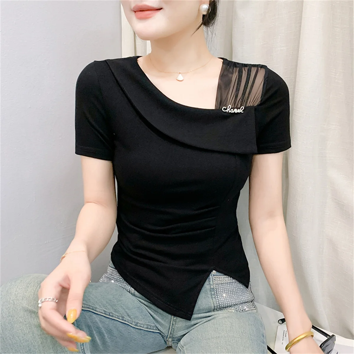 Summer New Mesh Splicing Temperament Wild Slim Tees Female Casual Short-sleeved T-shirt
Summer New Mesh Splicing Temperament Wild Slim Tees Female Casual Short-sleeved T-shirt